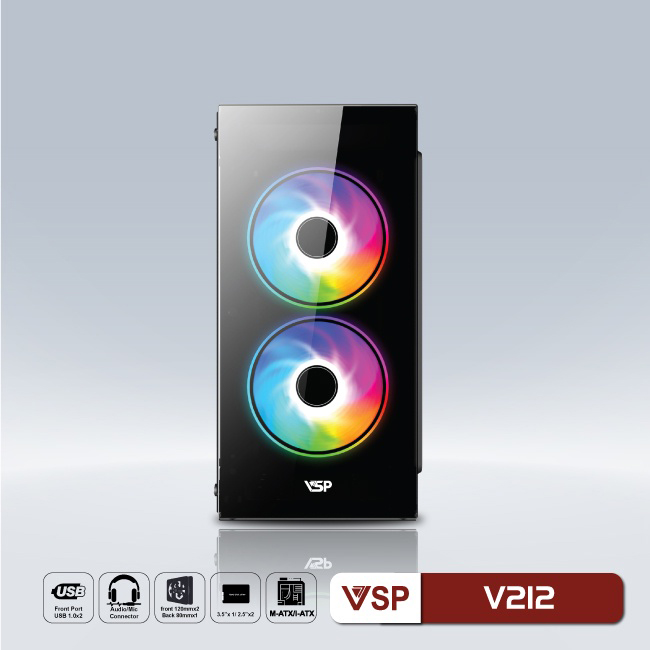 Case VSP V212 Đen (Chuẩn mATX) Hai Mặt Kính Cường Lực
